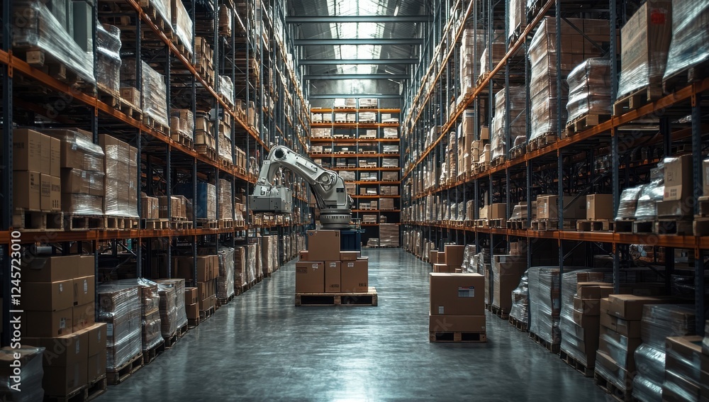 Poster advanced robotic arm in a large warehouse managing inventory and organizing boxes on shelves in a mo