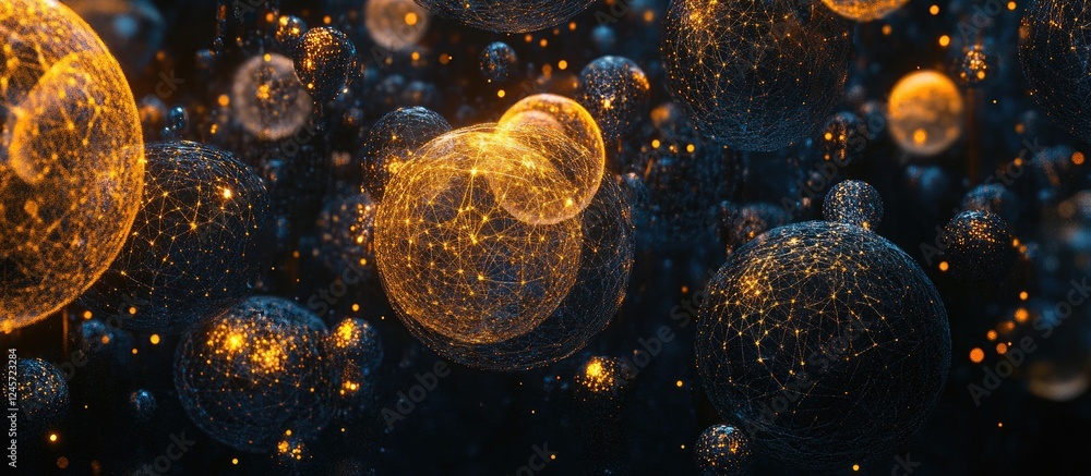 Poster glowing orange and gold spheres interconnected in a dark mesh structure, creating a captivating abst