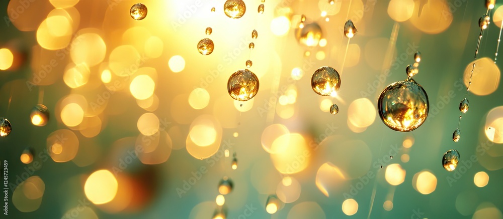 Poster golden water droplets suspended against a soft turquoise background with warm bokeh highlights creat