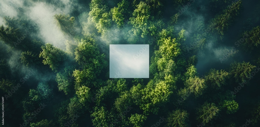 Poster aerial view of lush green forest surrounded by mist with a blank square for text or graphic overlay 