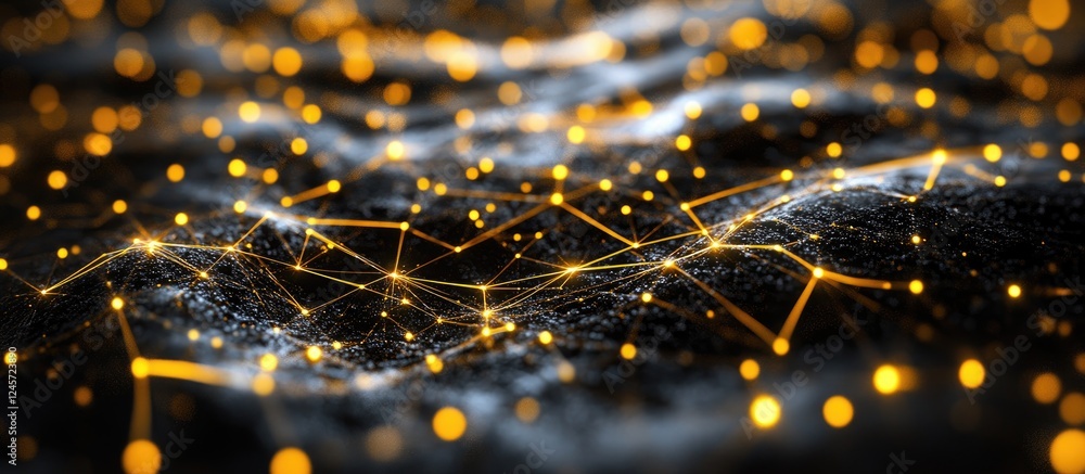 Fototapete Abstract golden wave pattern with glowing nodes and connecting lines on a dark background, creating a dynamic and futuristic visual effect.