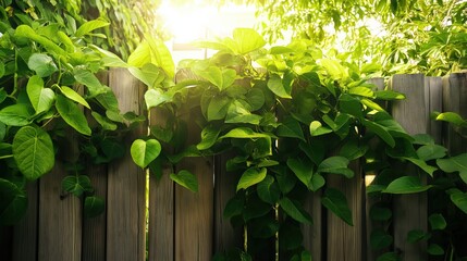 Sunlit Green Foliage Overgrown Weathered Gray Wooden Fence