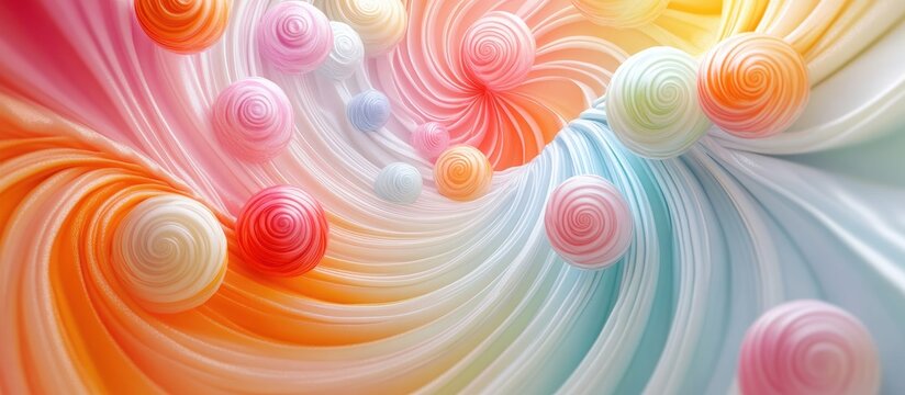 Pastel swirl background with vibrant tibble candies in soft pink, orange, and blue hues creating an enchanting abstract design illuminated by light