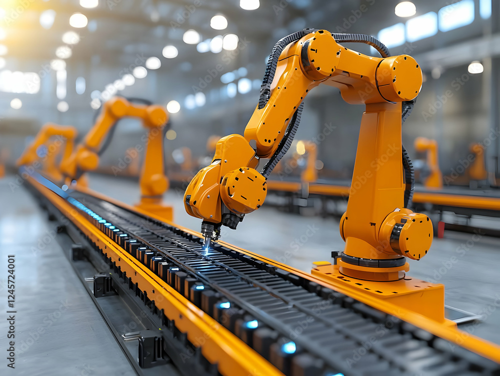 Poster robotic arm assembling parts on factory line