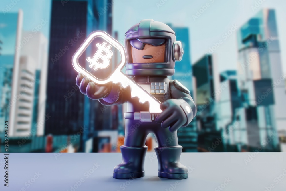 Poster a futuristic astronaut holds a glowing bitcoin key, symbolizing digital currency security and access
