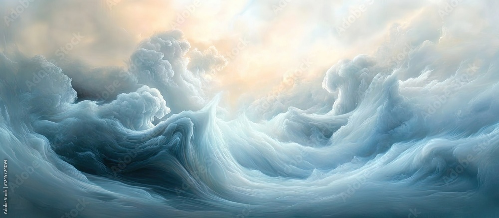 Poster ethereal clouds swirl in soft blues and whites, creating a dreamy atmosphere with hints of gold in t