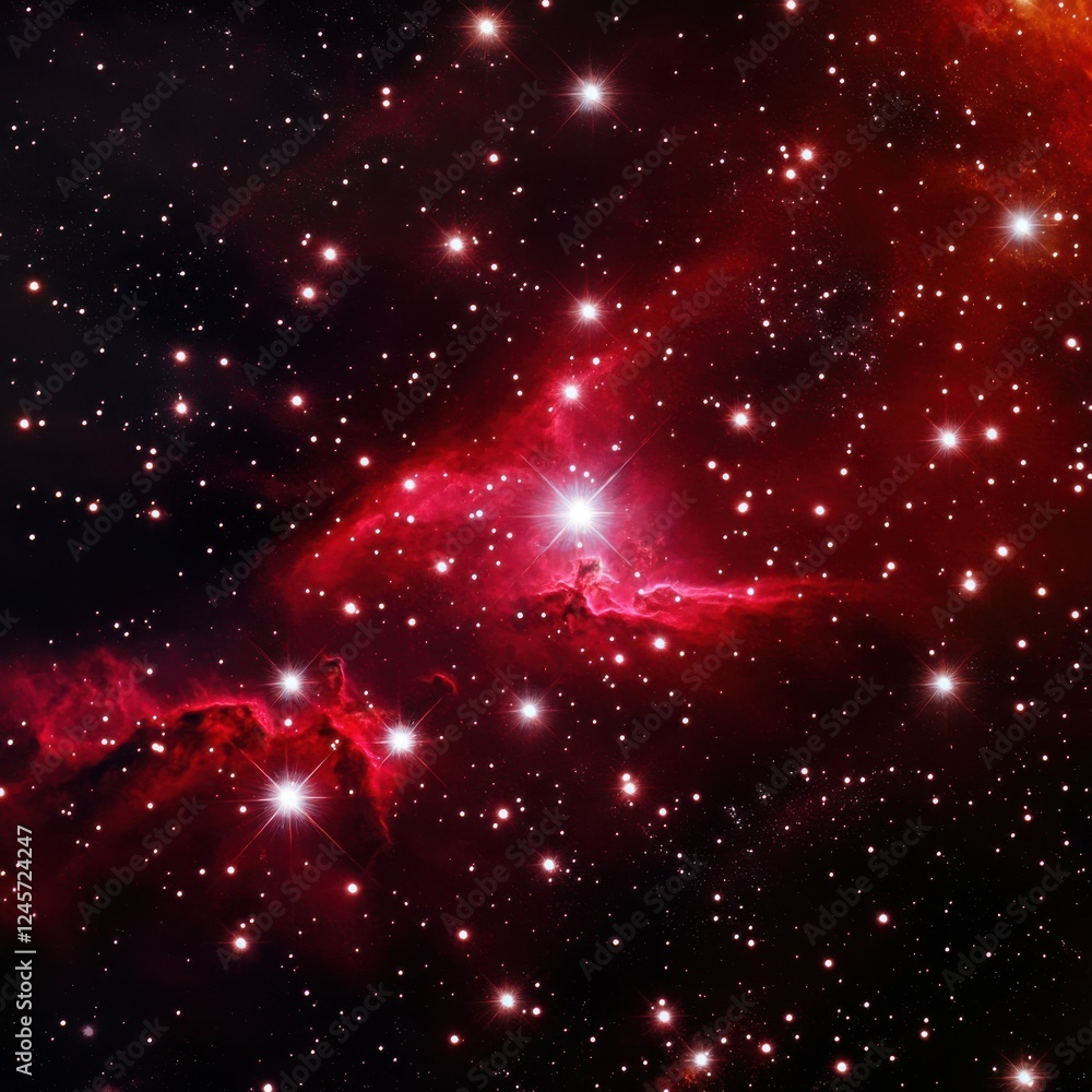 Poster red nebula with stars in the background glowing in a cosmic space environment