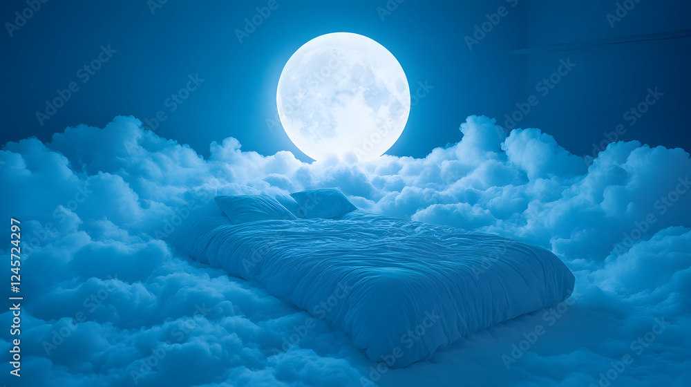 Poster dreamscape chaos ethereal bed surrounded by clouds under a full moon surreal environment atmospheric