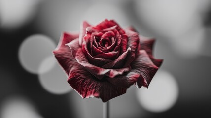 Fototapeta premium A single, dark red rose stands out against a blurred grayscale background, showcasing its intricate details.