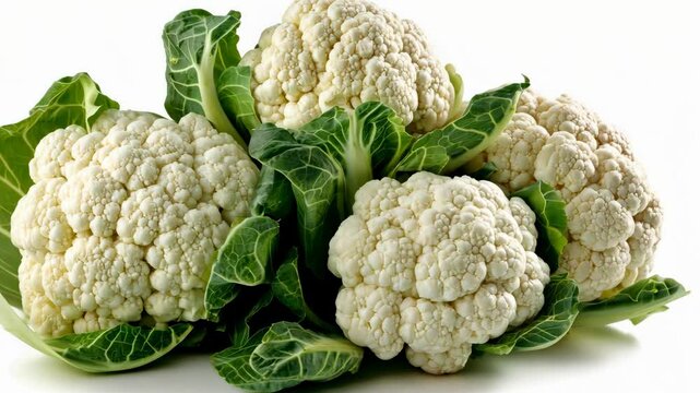 Fresh cauliflower heads displayed in arrangement with green leaves