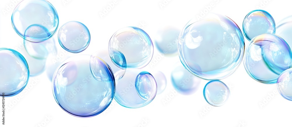 Poster soft blue soap bubbles of varying sizes float elegantly on a white background, creating wavy pattern