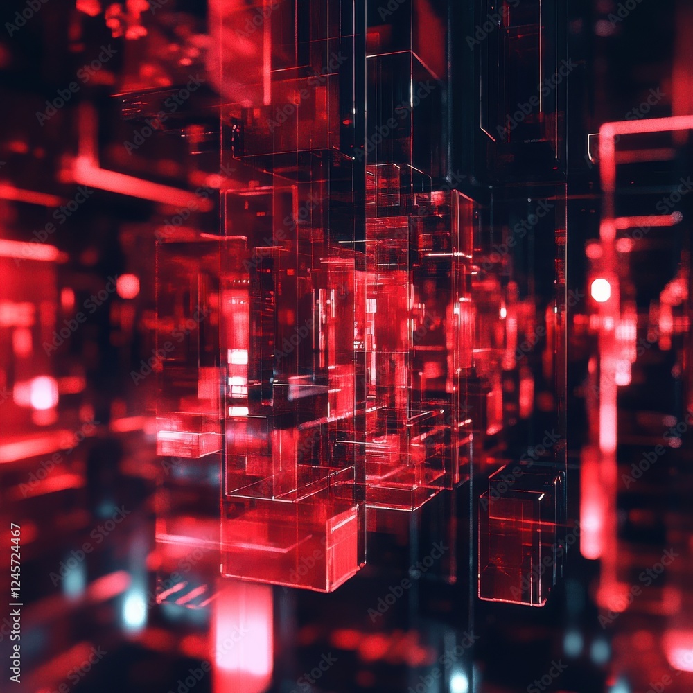 Poster abstract background with red and black cubes and holographic shapes in a futuristic design