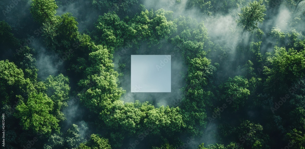 Poster aerial view of lush green forest with mist and empty square space for text overlay or graphic design