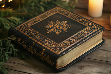 Fototapeta premium Closed Holy Bible with gold detailing on wooden surface