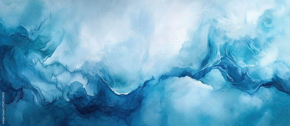 Poster a vibrant abstract painting in various shades of blue, showcasing swirls and fluid lines, creating a