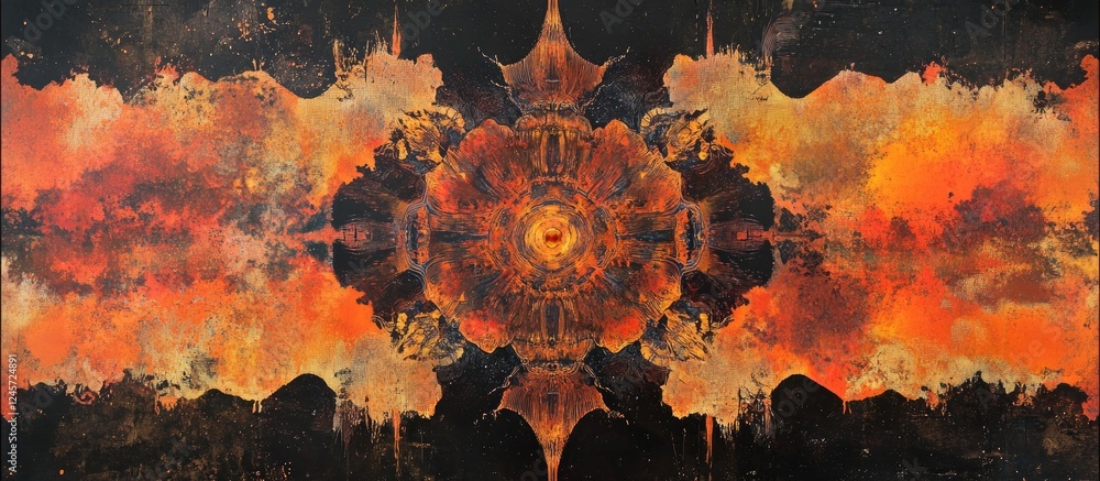 Aufkleber abstract symmetrical artwork featuring vibrant orange and black hues with intricate patterns, center