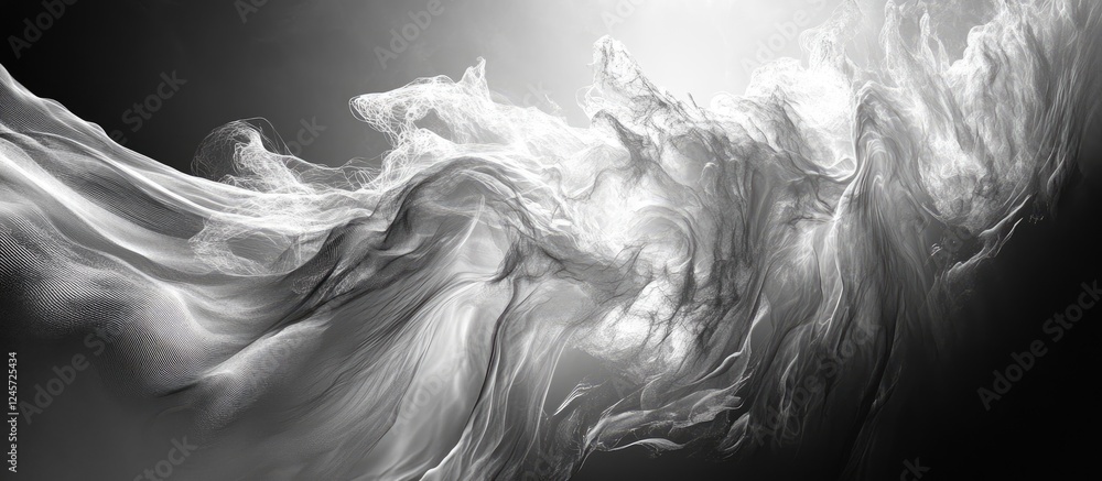 Poster ethereal abstract waves in shades of dark gray and white create a sense of interconnected thought, f