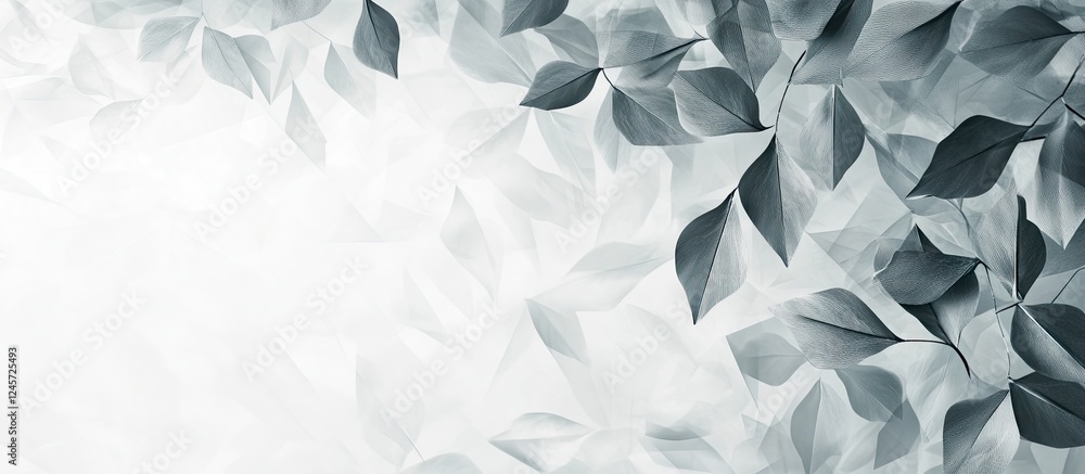 Poster minimalist background featuring overlapping translucent green leaves on a soft white gradient with a