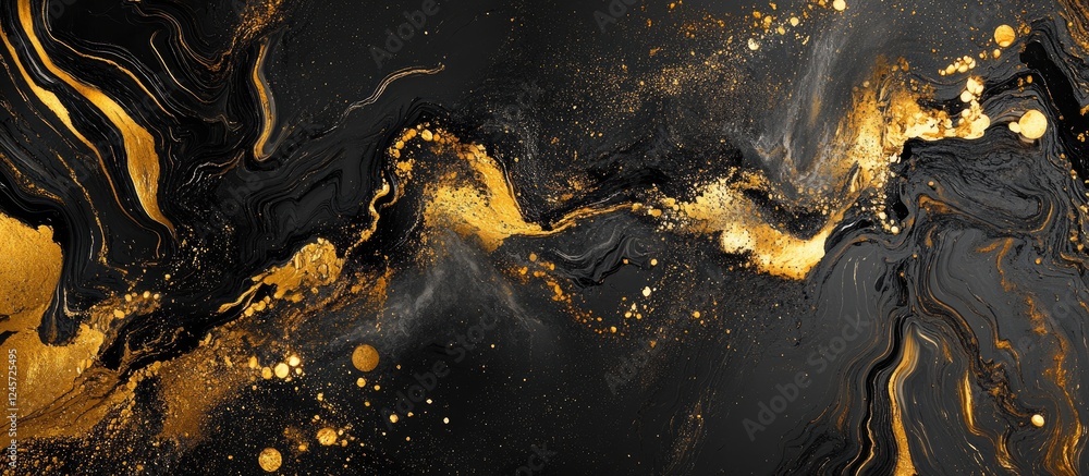 Poster elegant abstract design in gold and black with dynamic shimmering particles across a rich black back