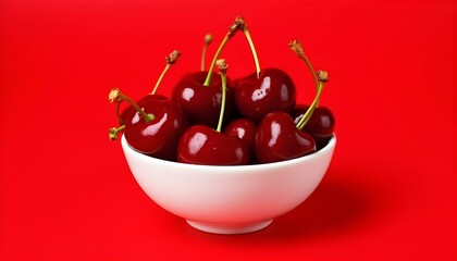 Un cuenco blanco lleno de cerezas rojas brillantes, sobre un fondo rojo sólido. Las cerezas son vibrantes y brillantes, con tallos verdes visibles