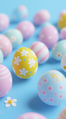 Colorful Easter eggs on soft pastel blue background for holiday celebration