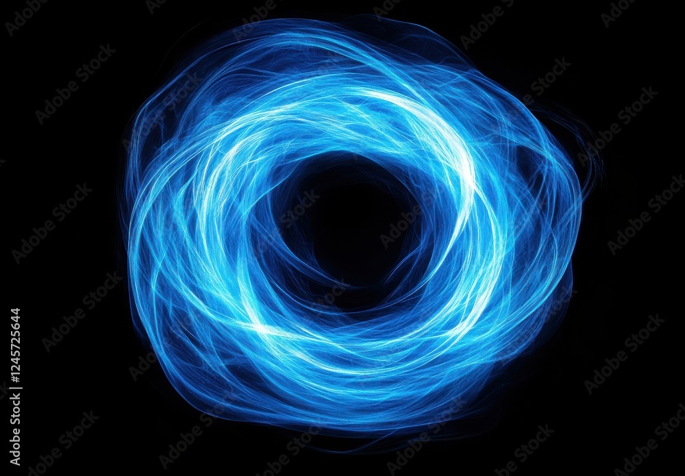 Poster bright blue light swirl creating abstract circular pattern on black background for use in digital de