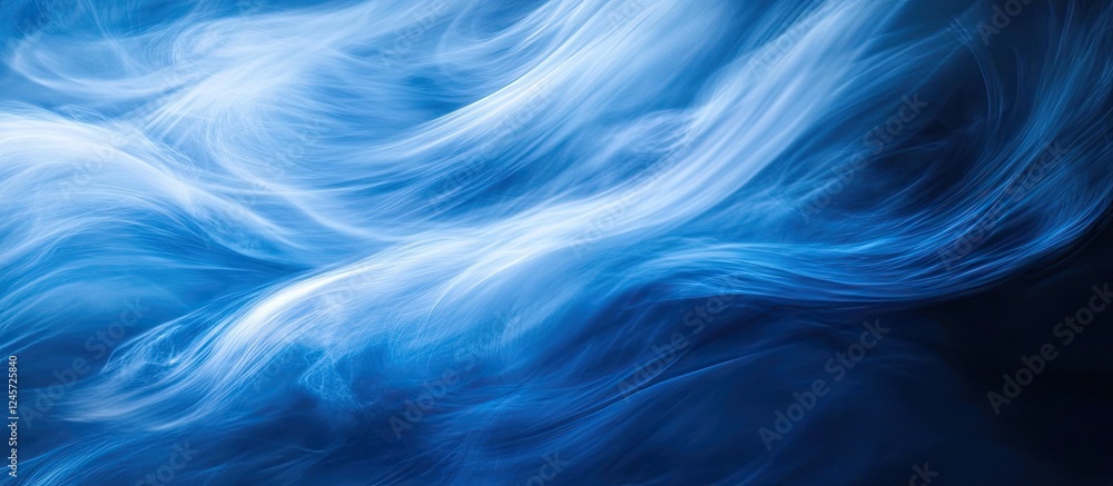 Poster flowing abstract waves in dark powder blue hues with soft gradients and ethereal textures creating a