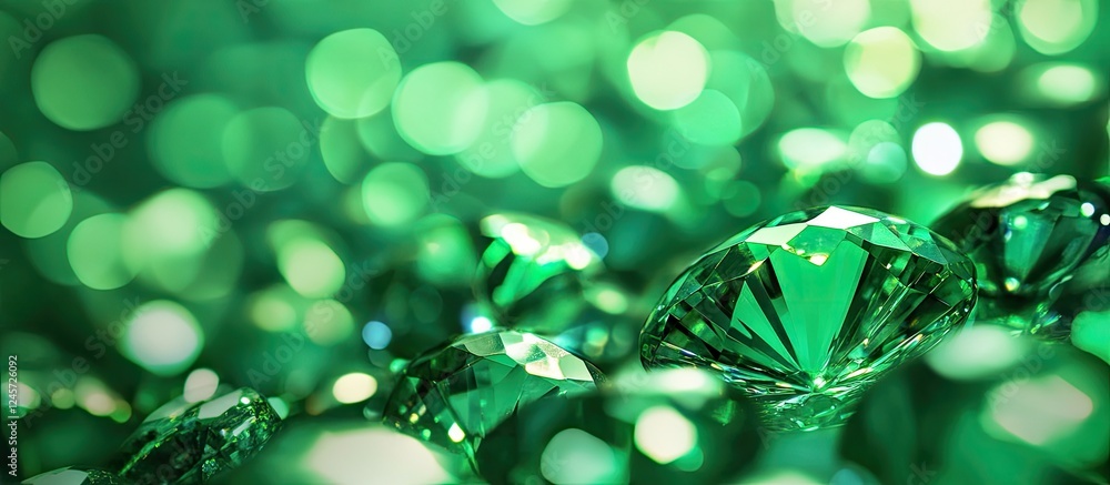 Poster vibrant green bokeh background with sparkling emerald gems positioned foreground creating a festive 
