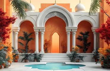 Serene Courtyard with Arched Doorways Vibrant Orange Walls and Lush Greenery

