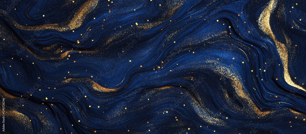 Poster dark blue glitter texture background with flowing waves and scattered gold confetti accents, creatin