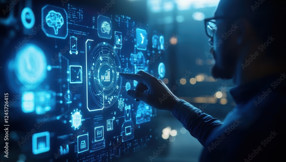 Aufkleber business professional engaging with futuristic data visualization on a digital touchscreen in a high