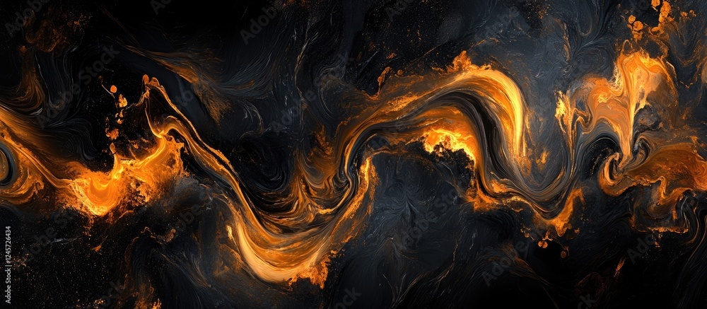 Poster abstract black, brown and golden marble texture with flowing wave patterns; vibrant colors blend sea