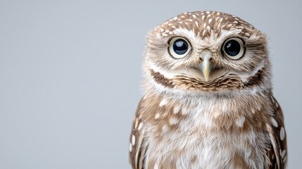 Naklejka premium Curious owl portrait, studio shot, grey background, wildlife, educational use