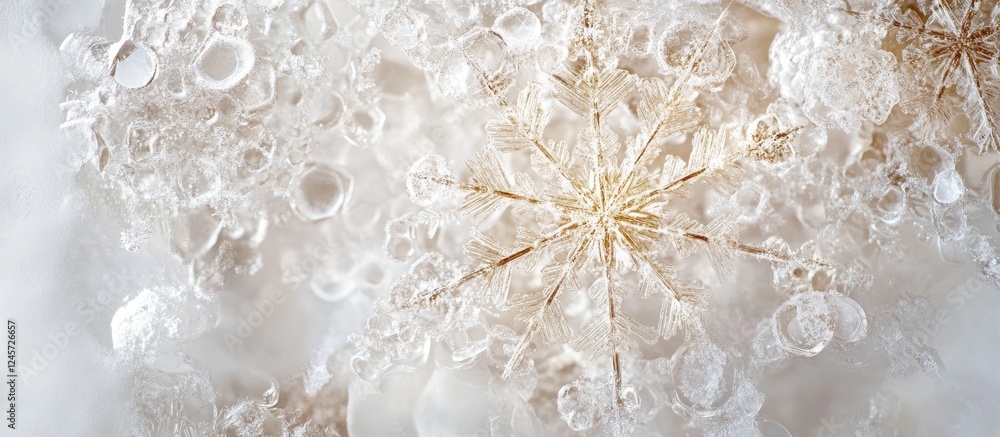 Aufkleber intricate snowflake design with delicate golden hues and frost details centered on a soft blurred wh