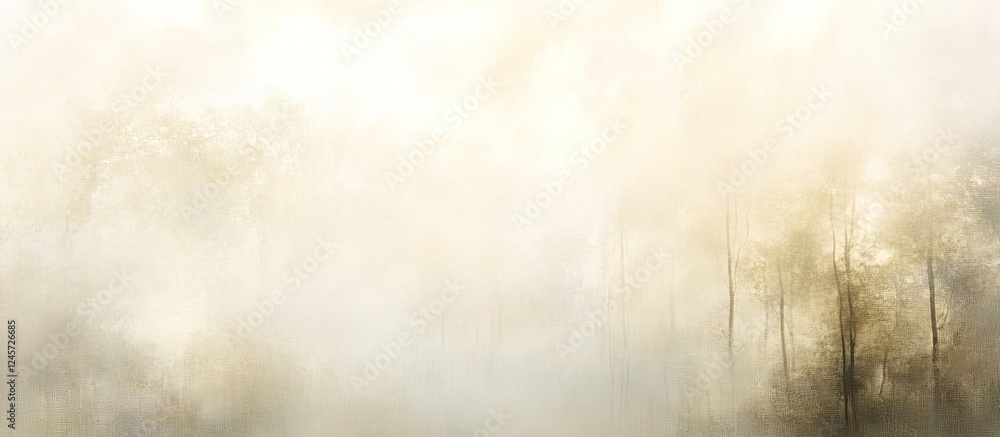 Poster ethereal mist envelops blurred trees with soft golden sunlight filtering through, creating a serene 