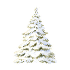 Christmas fir tree with snow on branches watercolor illustration isolated on white background for Happy New Year greeting cards and cute winter designs. Snow-covered spruce