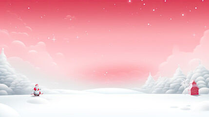 Charming winter scene with snowman and Santa in pink sky