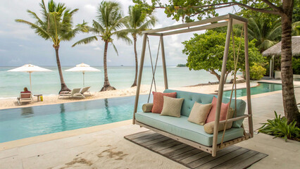 A relaxing and serene beach scene with a comfortable daybed