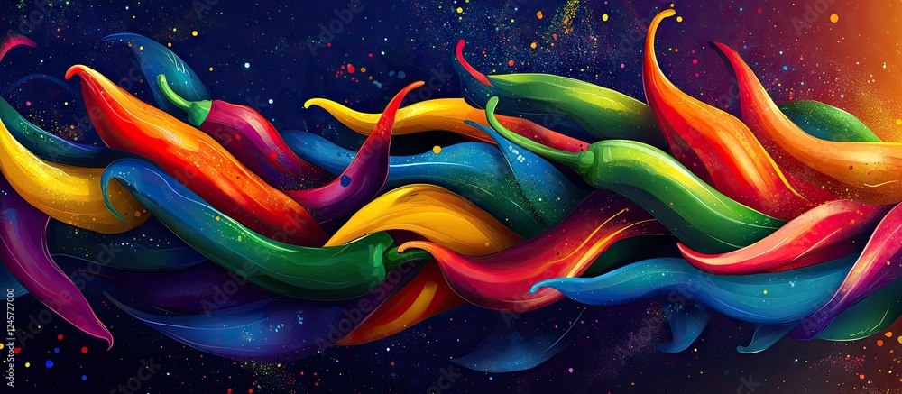 Poster vibrant swirling array of colorful peppers in shades of red, yellow, green, and blue on a dark backg