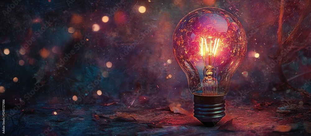 Poster enchanting surreal light bulb emanating a colorful jewel-like glow with ethereal bokeh background, c
