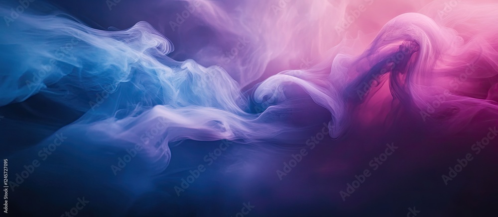 Poster swirling smoke in vibrant purple and blue against a dark backdrop creating a captivating visual flow
