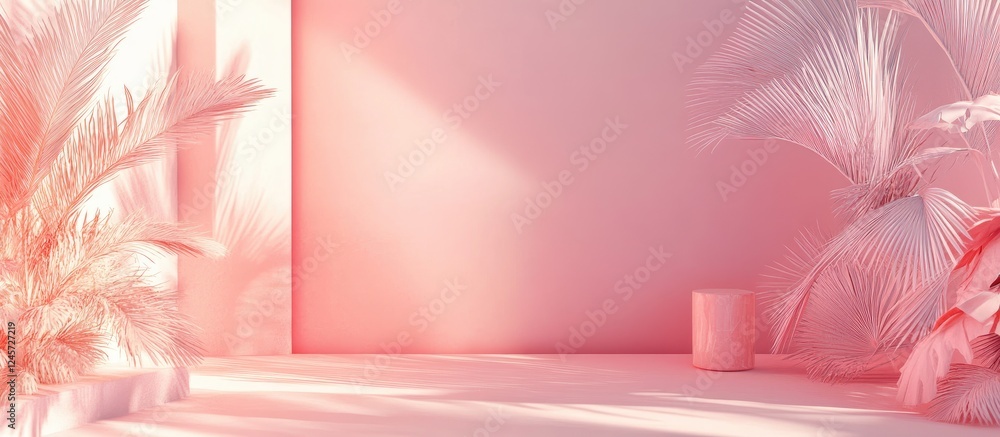 Poster minimalist 2d design with a soft pink background, simple white textures, and subtle light reflection