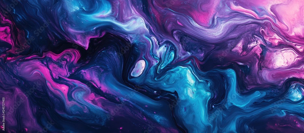 Poster vibrant abstract background featuring swirling neon hues of purple and blue with fluid patterns crea