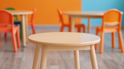 Empty wooden stool in colorful preschool classroom