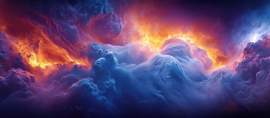 Vibrant cosmic clouds with orange and blue hues swirling in dynamic formations against a dark starry background depicting an otherworldly landscape