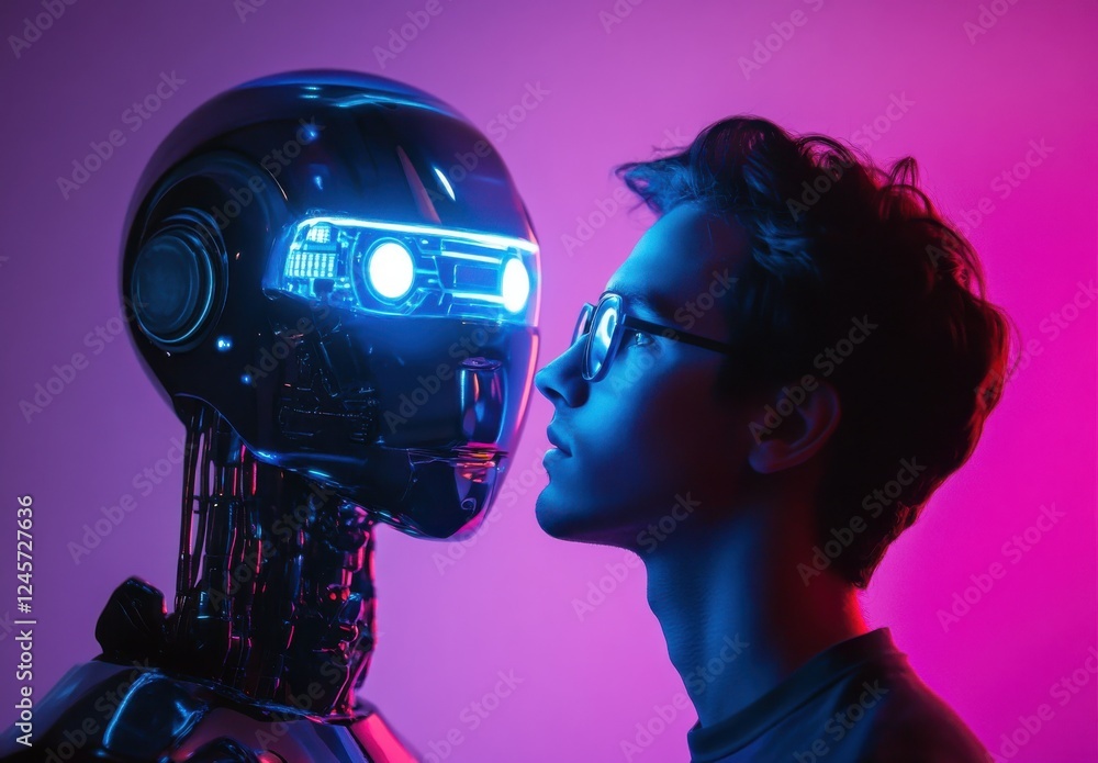 Poster close encounter between human and robot with neon lights, capturing the futuristic interaction and e