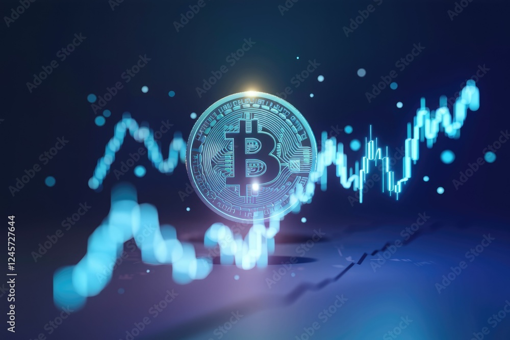 Poster bitcoin cryptocurrency price chart showing fluctuating value and market trends.