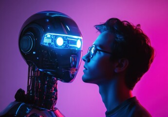 Obraz premium Close Encounter Between Human and Robot with Neon Lights, Capturing the Futuristic Interaction and Emotional Connection in a Colorful Setting