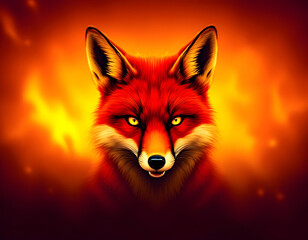 Fototapeta premium a red fox with vibrant fur and piercing yellow eyes on a fiery orange background