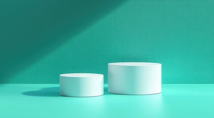 Geometric Display of Glossy Cylinders on Teal Background with Dramatic Shadows Showcase Modern Minimalism and Beauty